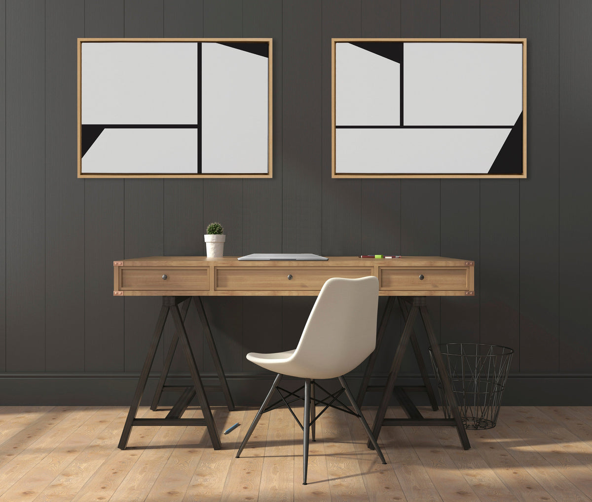 Sylvie Sleek Luxe Minimalist Black and White Abstract Framed Canvas Art Set by The Creative Bunch Studio
