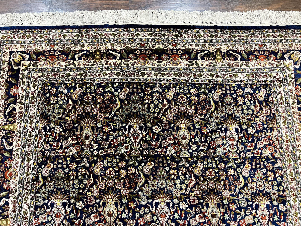 Silk Indian Kashmiri Rug 5x7, Navy Blue Indo Persian Silk Carpet 5 x 7 ft, Hand Knotted Handmade Very Fine Oriental Carpet, 450 KPSI, Birds - Jewel Rugs, view 3