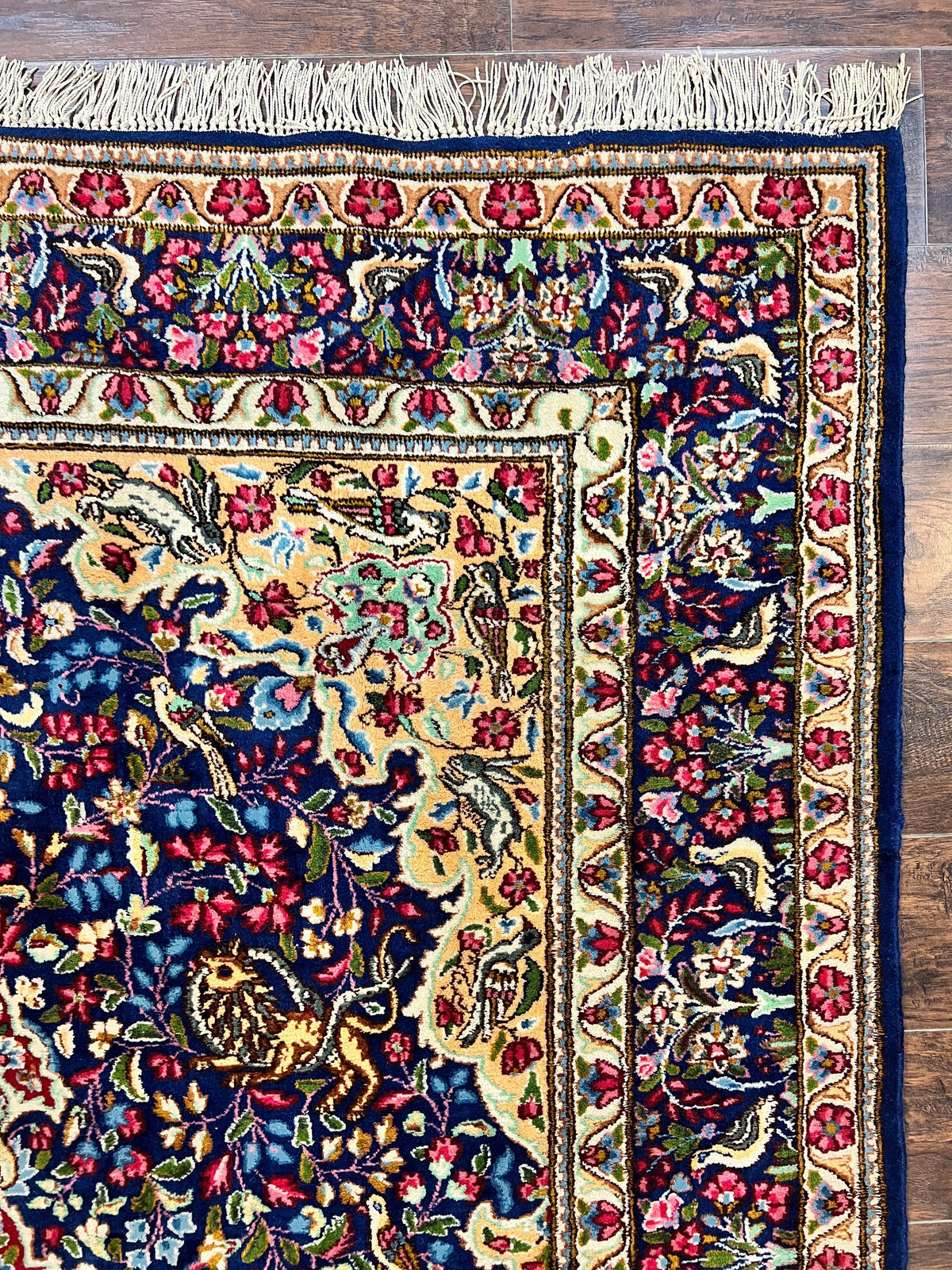 Persian Kirman Rug 6x9, Floral Medallion Vintage Wool Handmade Carpet 6 x 9, Animal Pictorials Birds, Semi Antique, Navy Blue, Millefleur - Jewel Rugs, view 7