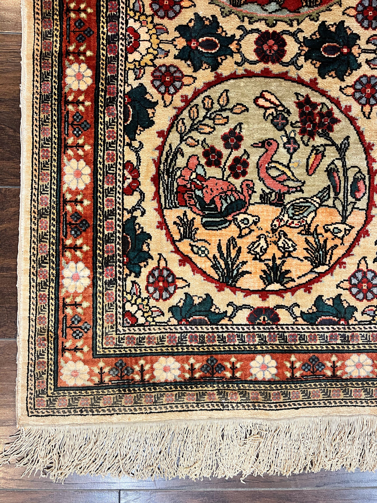 Silk Turkish Rug 2x4, Fine Handmade Oriental Rug, Animal Pictorial Birds Silk Pile on Silk Foundation Vintage Hand Knotted Hereke Carpet - Jewel Rugs, view 9