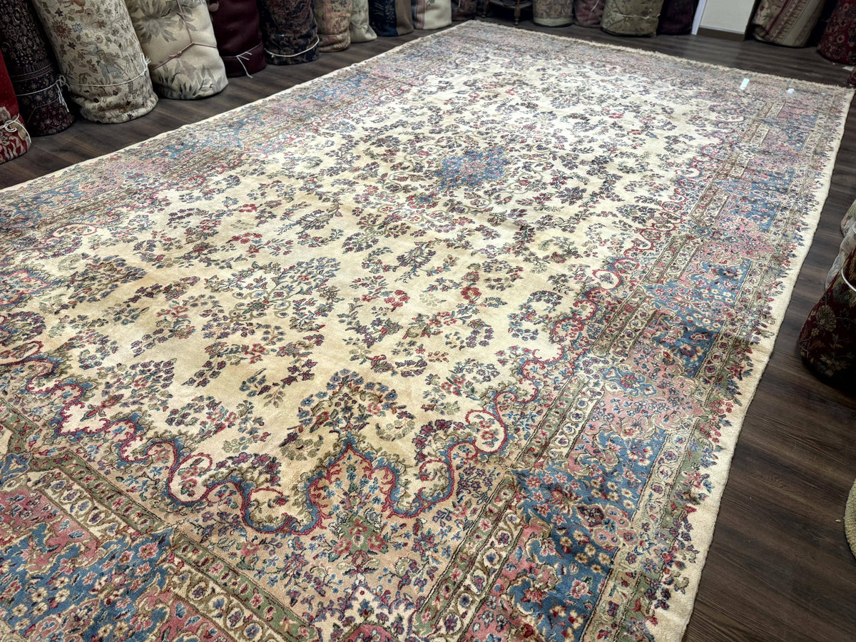 Palace Size Persian Kerman Rug 11x20 ft, Very Fine 340 KPSI, Vintage Oversized Wool Handmade Large Persian Carpet, Beige Light Blue Pink - Jewel Rugs, view 2