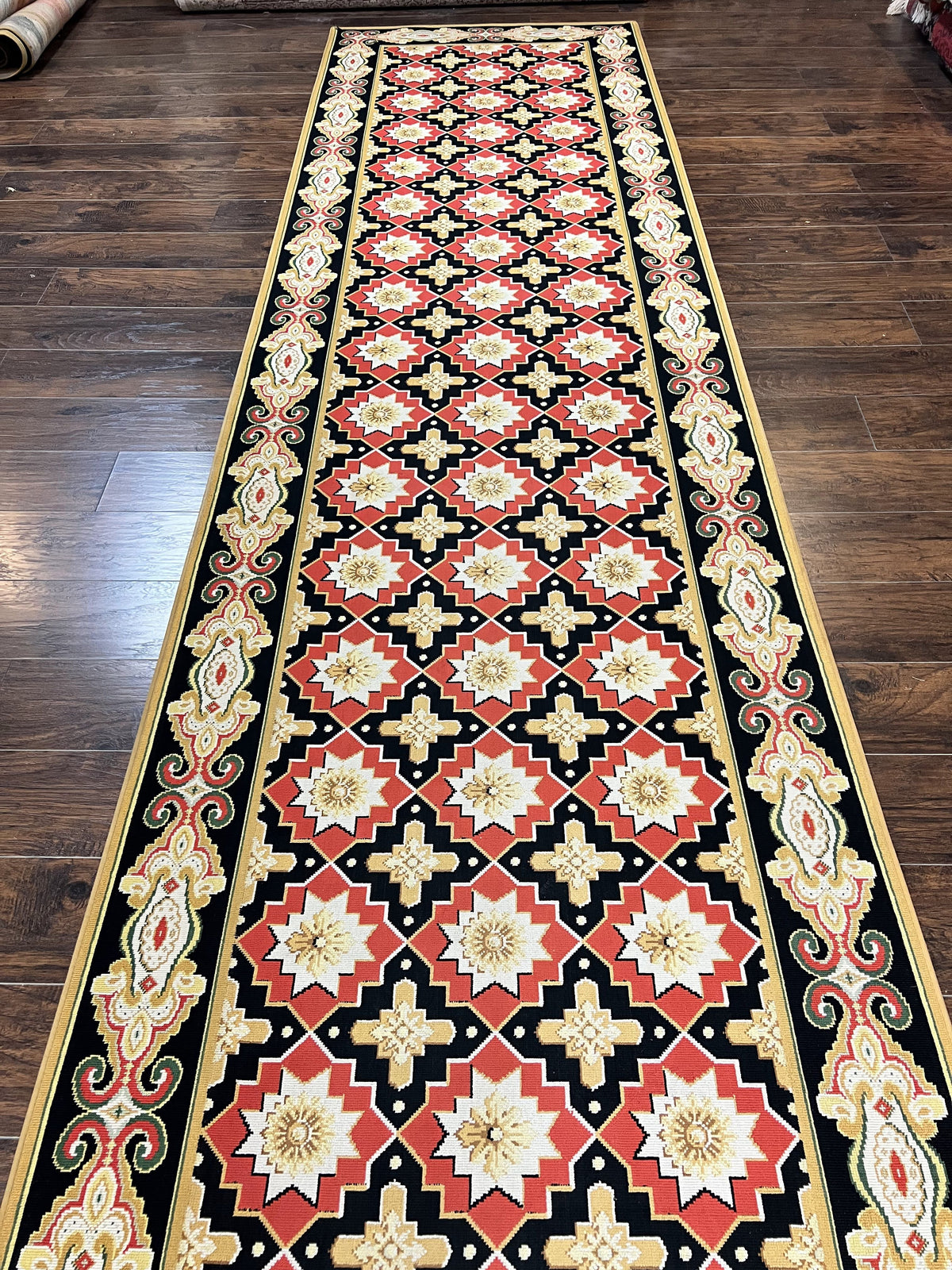 Runner Rug 4x19, Panel Design Rug, Custom Made Stark Runner Carpet, Wool, Vintage 4 x 19 Hallway Rug, European Design, Red Black Ivory Tan - Jewel Rugs, view 2