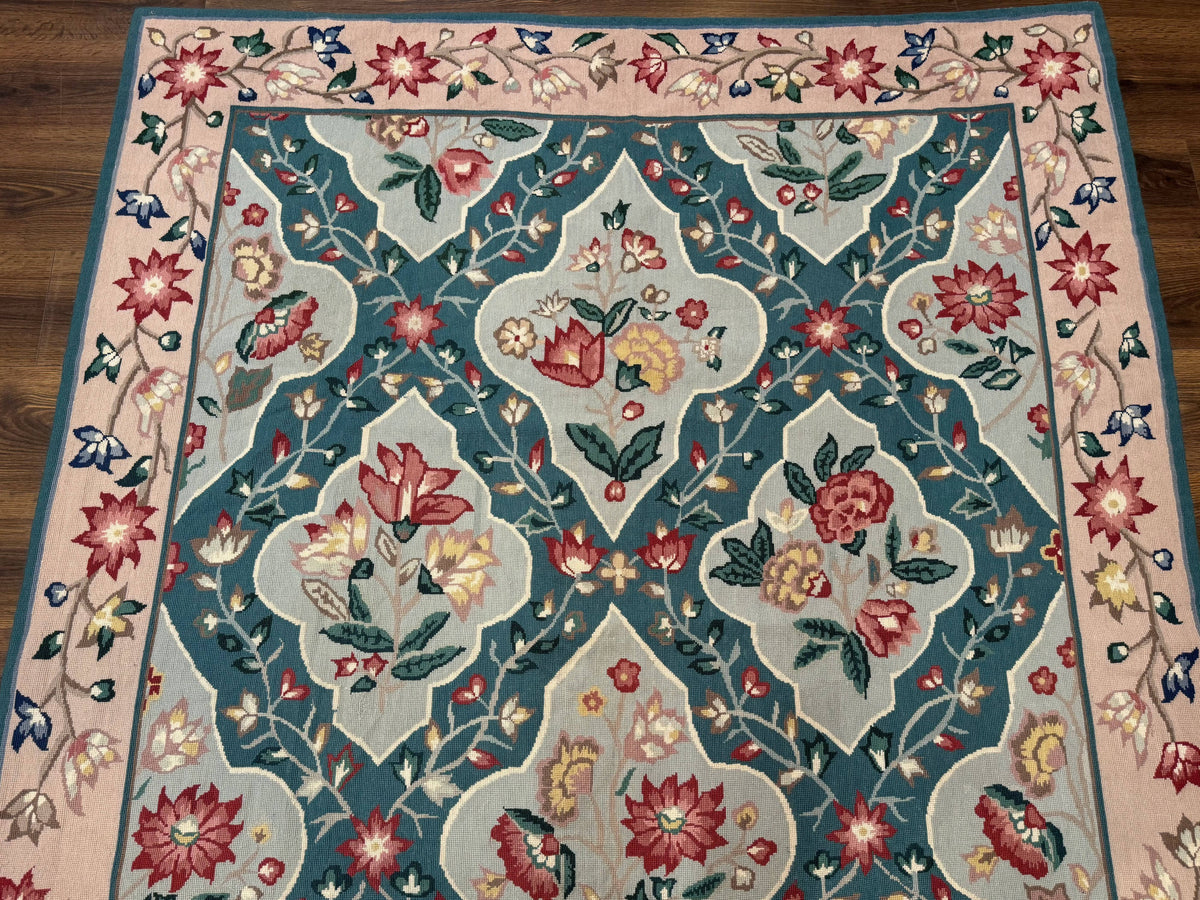 Teal Needlepoint Rug 6x9, Panel Design, Floral Bouquets, Handmade - Jewel Rugs, view 4