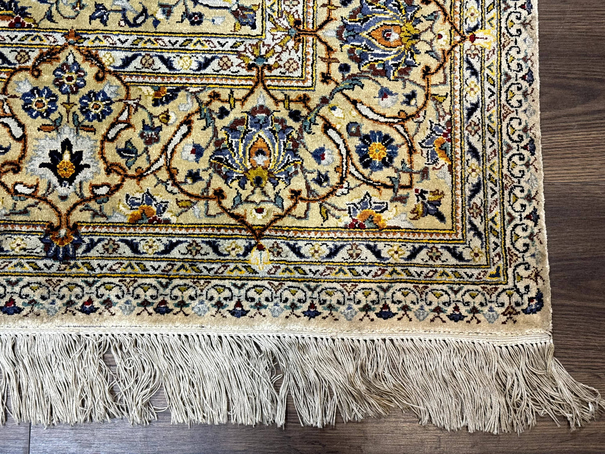 Rare Silk Persian Kashan Rug 4.6 x 7, Antique Fine 310 KPSI, Ivory - Jewel Rugs, view 9