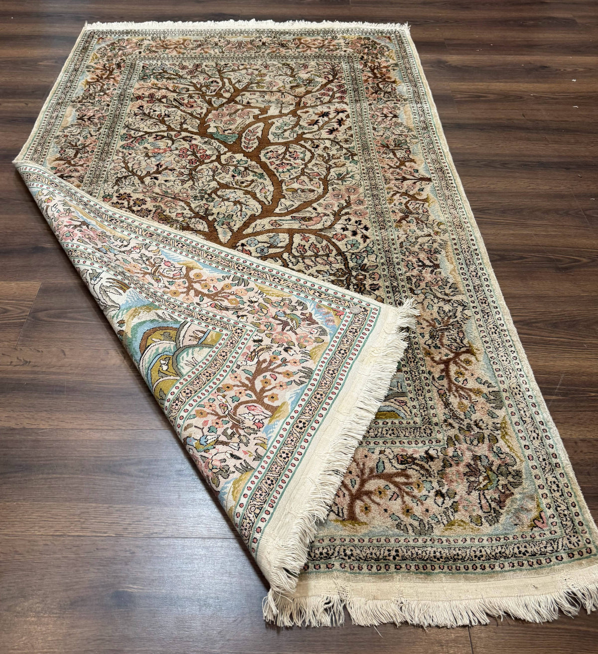 Indian Kashmiri Silk Rug 4x7, Tree of Life Design, Very Fine 380 KPSI, Birds - Jewel Rugs, view 12