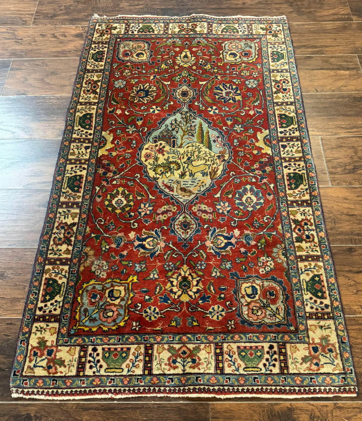 Small Persian Tabriz Rug 2.8 x 4.7, Red, Animal Pictorials, Semi Antique Vintage - Jewel Rugs, view 10