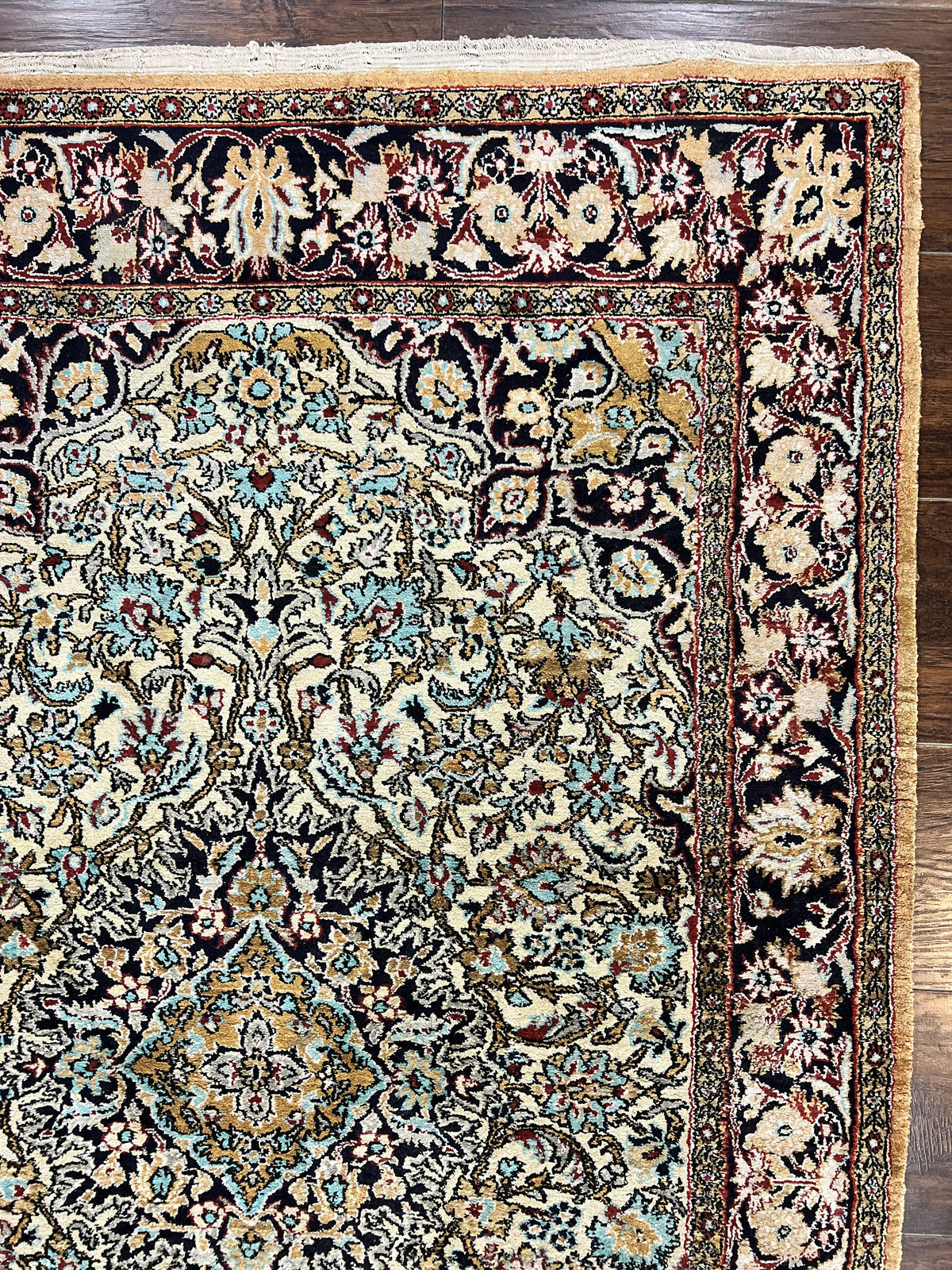 Silk Persian Qum Rug 4x5, Hand Knotted Vintage Carpet, Cream & Navy Blue, Silk Pile on Silk Foundation, Very Fine 360 KPSI - Jewel Rugs, view 7