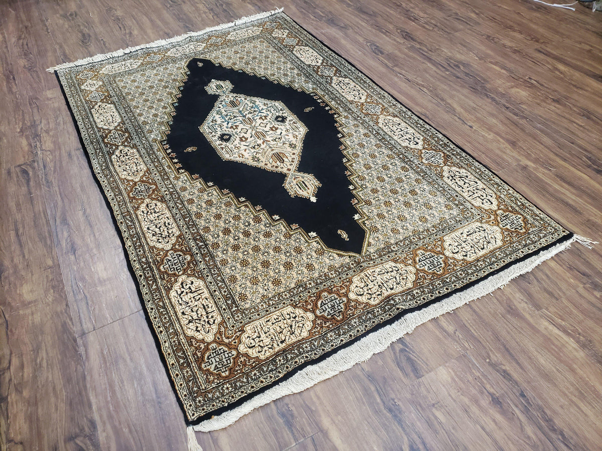 Persian Silk Qum Rug, Silk on Silk, Black Golden Brown and Beige, Hand-Knotted, 3'6" x 5' 5" - Jewel Rugs, view 12