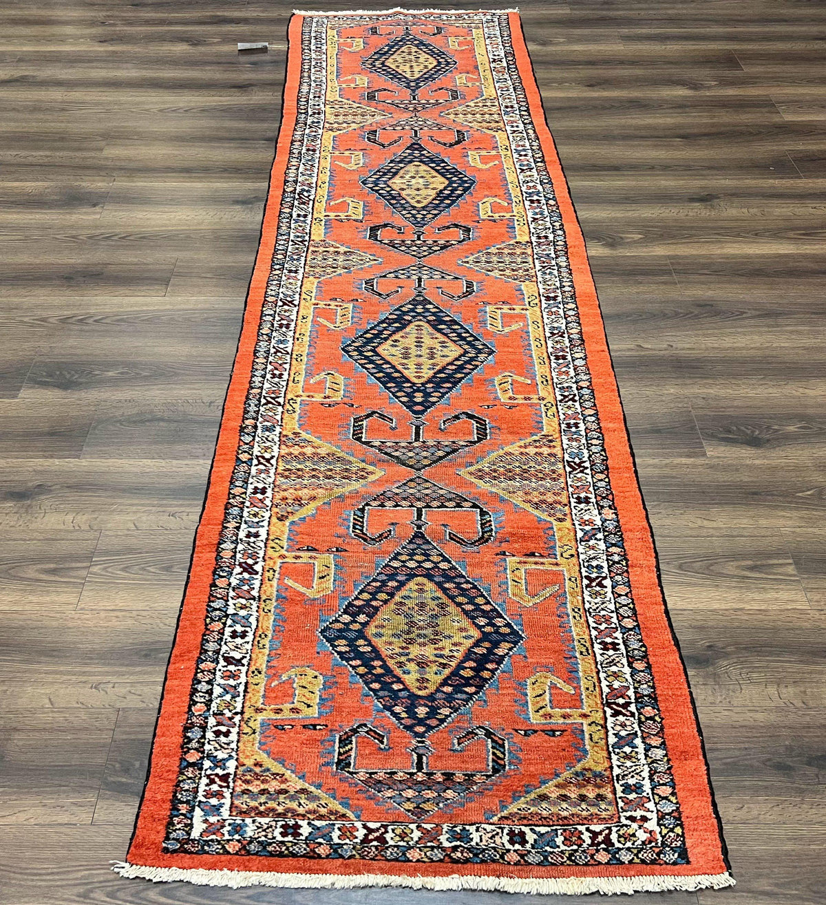 Rare Persian Tribal Runner Rug 3 x 11, Sarab Serab Persian Runner, Antique 1920s Collectible Geometric Medallions Oriental Wool Runner, Hand Knotted, Bright Orange-Red - Jewel Rugs, view 11