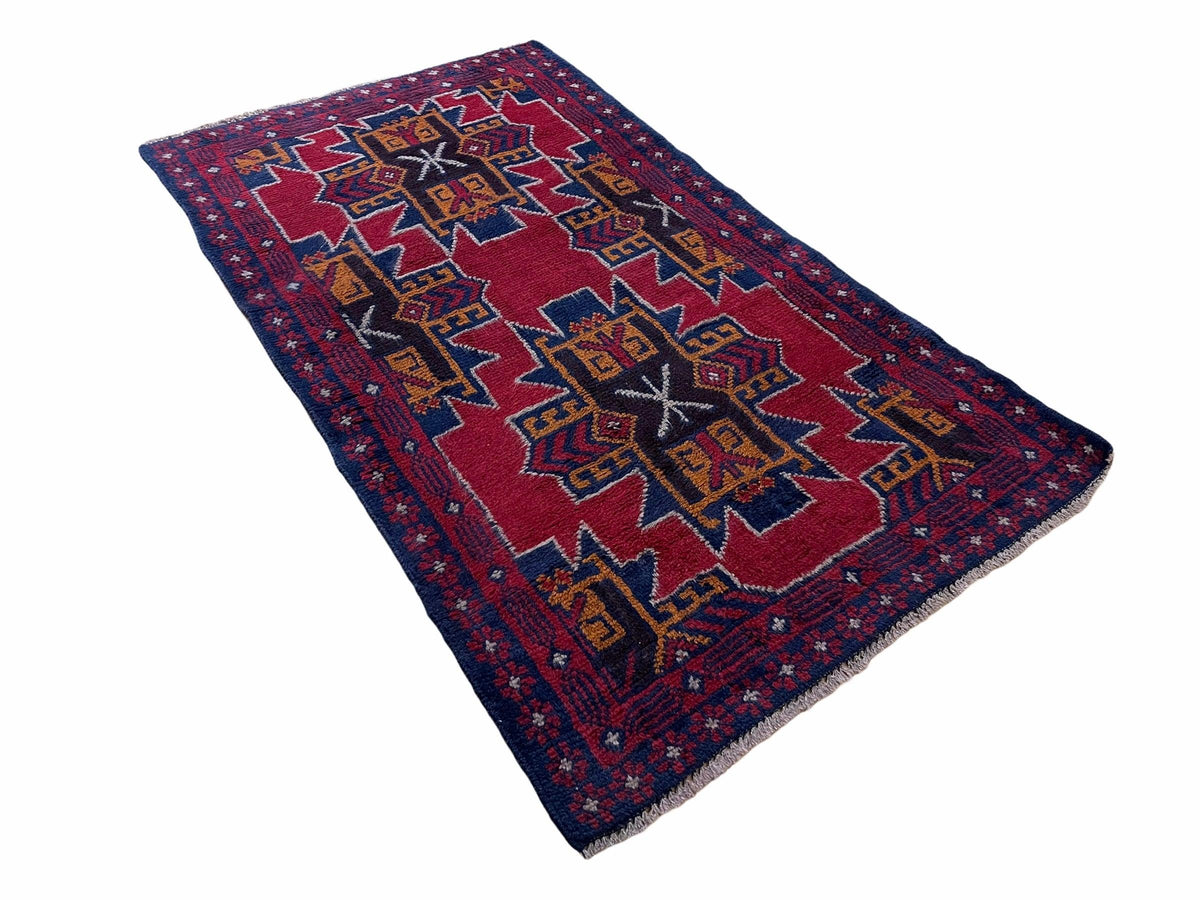 2' 8" X 4' 6" Vintage Handmade Tribal Wool Rug Balouchi Rug Afghan Rug Red Blue - Jewel Rugs, view 3