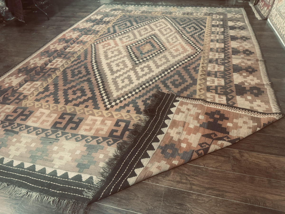 Antique Persian Tribal Kilim Rug 9x12, Zig Zag Pattern Kilim, Zarand Rug, Wool, Earth Tone Colors - Jewel Rugs, view 11