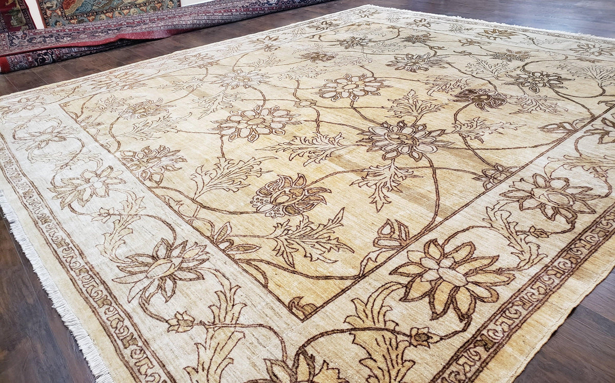 Oversized Peshawar Chobi Oushak Area Rug 11.6 x 12.5, Wool Hand-Knotted Light Gold & Ivory Decorative Pakistani Floral Carpet, 11x12 - 12x13 - Jewel Rugs, view 3