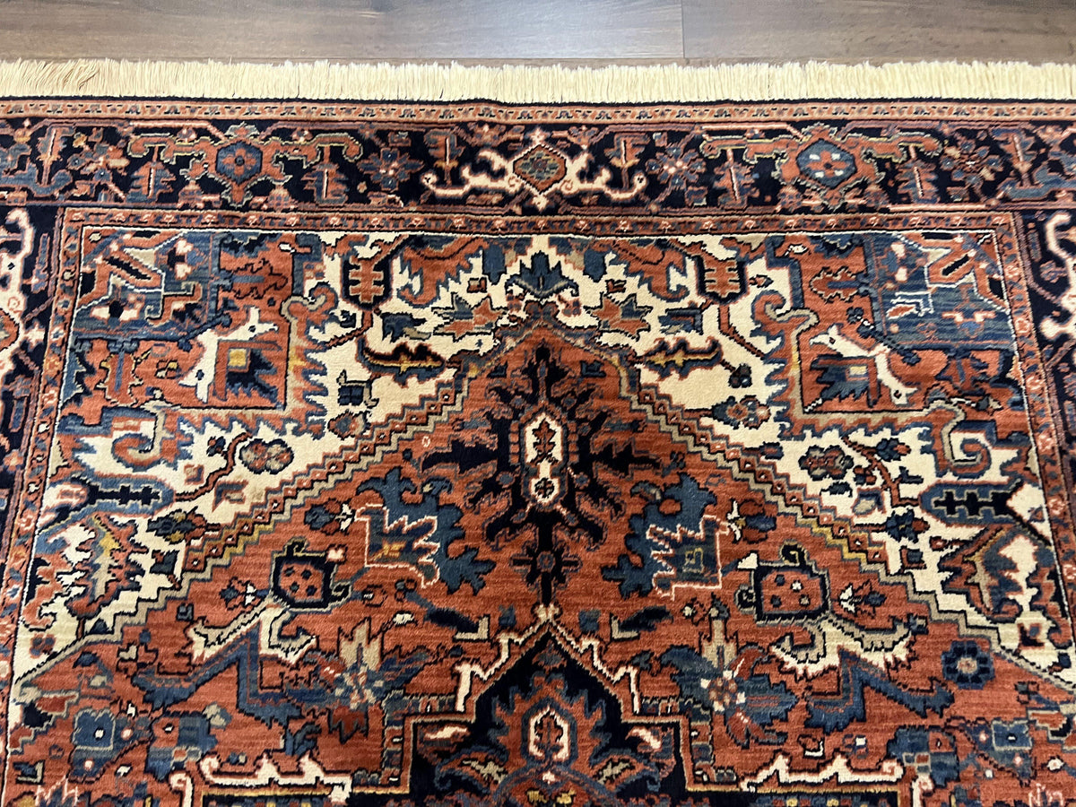 Heriz Rug 5.6 x 8, Geometric Medallion, Wool Oriental Carpet, Tribal Boho Rug, Red Navy Blue Cream, Belgium Power Loomed Rug, Medium Sized - Jewel Rugs, view 4