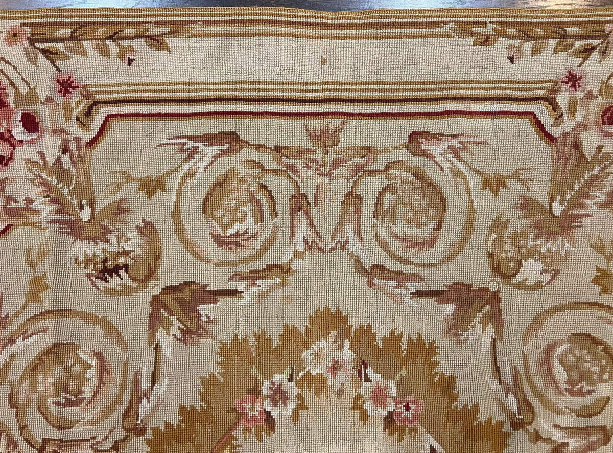 Aubusson Needlepoint Rug 4x5 ft, Beige and Tan, Aubusson Savonnerie Vintage Carpet, Handwoven Handmade Wool Rug, European Design Floral Rose - Jewel Rugs, view 3