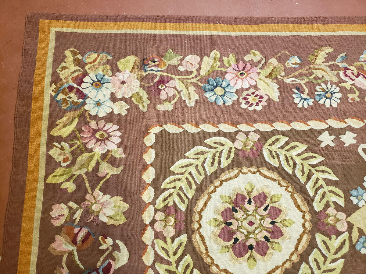 Aubusson Rug 6 x 9 Flat Weave Area Carpet European Design Flowers New Brown Rug Handmade Wool Hand-Knotted Aubusson Weave Medium Rug 6x9 - Jewel Rugs, view 7