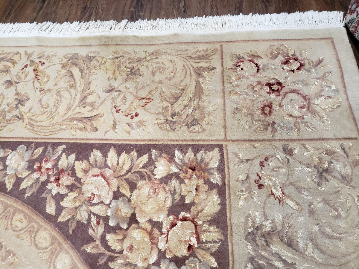 Chinese Aubusson Savonnerie Area Rug 8x12, Vintage 120 Line Carpet, Wool and Silk Hand-Knotted, Birds Flowers Master Weaver Signature - Jewel Rugs, view 8