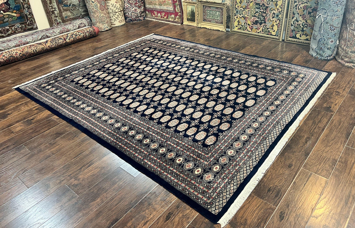 Pakistani Bokhara Rug 8x10, Turkoman Carpet, Dark Blue and Beige, Vintage Handmade Wool Carpet - Jewel Rugs, view 3
