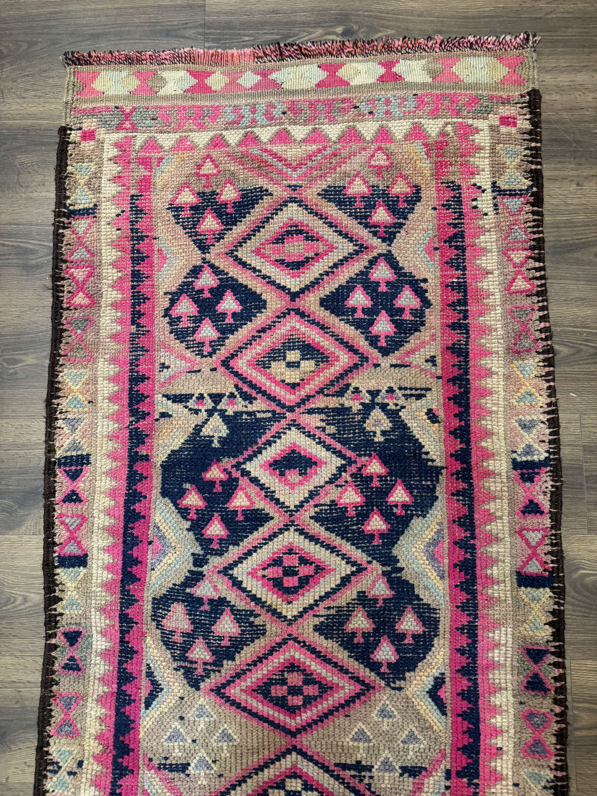 Turkish Runner Rug 3x10, Pink and Navy Blue, Bohemian Runner for Hallway or Kitchen, Vintage, Geometric, Tribal - Jewel Rugs, view 8