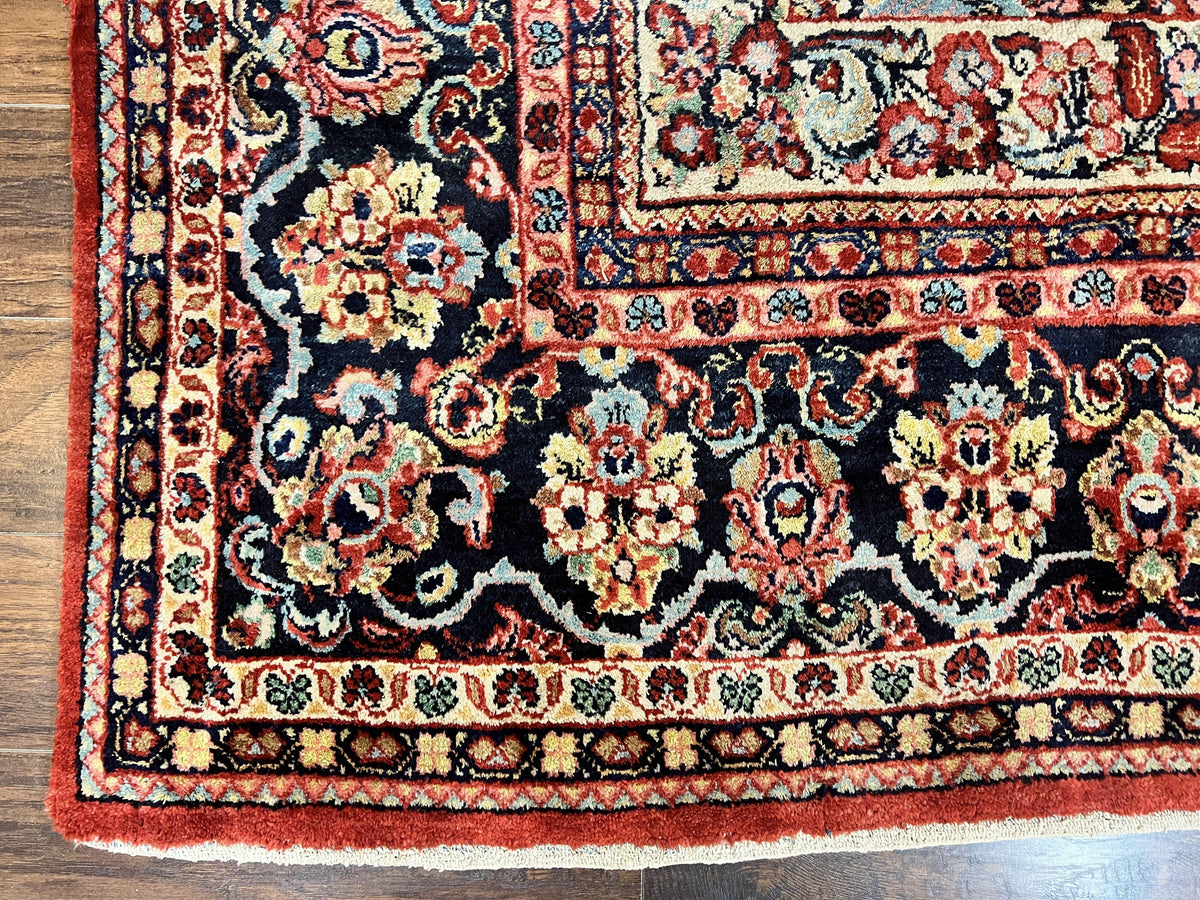 Persian Sarouk Rug 11x14, Semi Open Field, Large Antique Persian Wool Handmade Carpet, Red and Dark Blue, Floral - Jewel Rugs, view 8