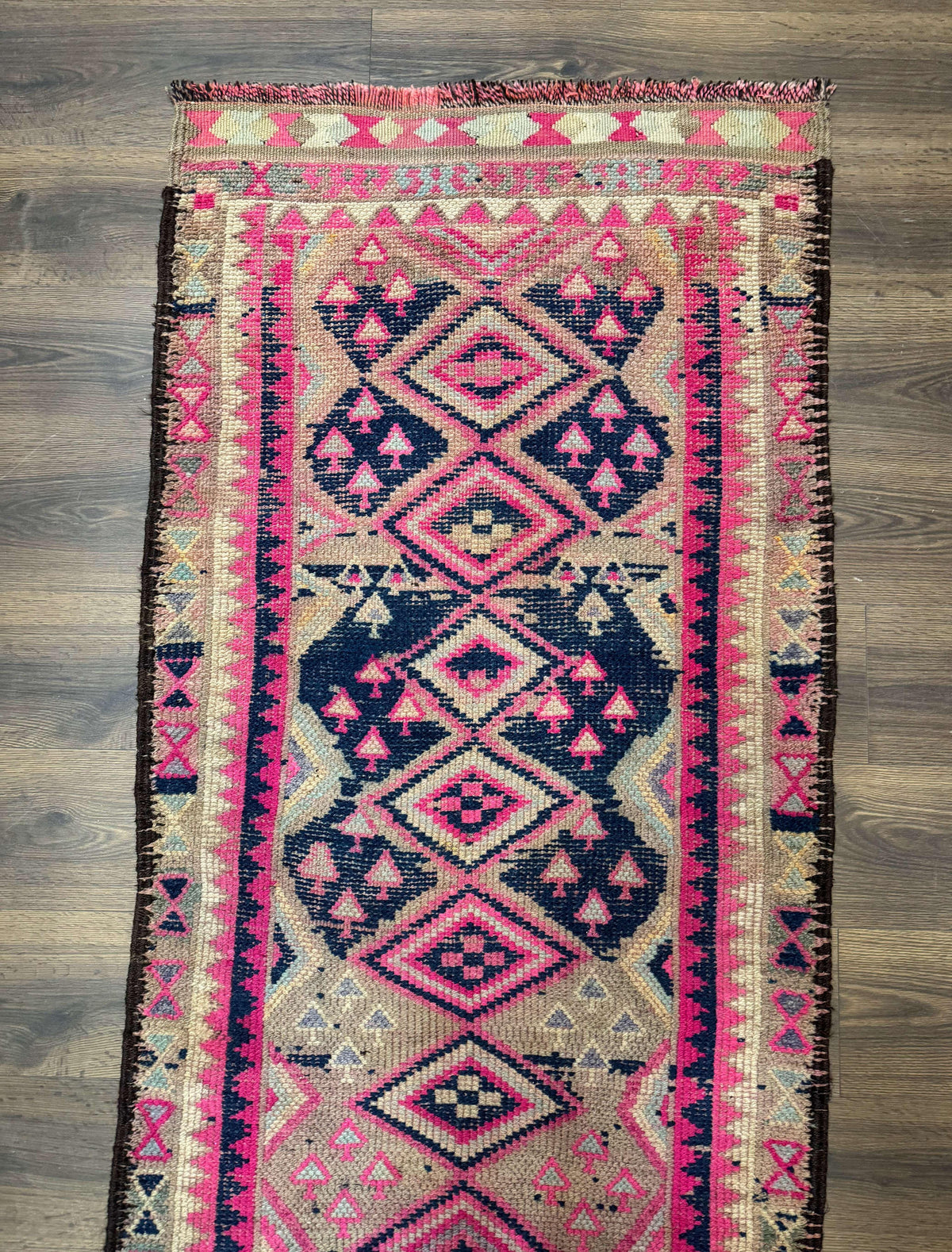 Turkish Runner Rug 3x10, Pink and Navy Blue, Bohemian Runner for Hallway or Kitchen, Vintage, Geometric, Tribal - Jewel Rugs, view 4