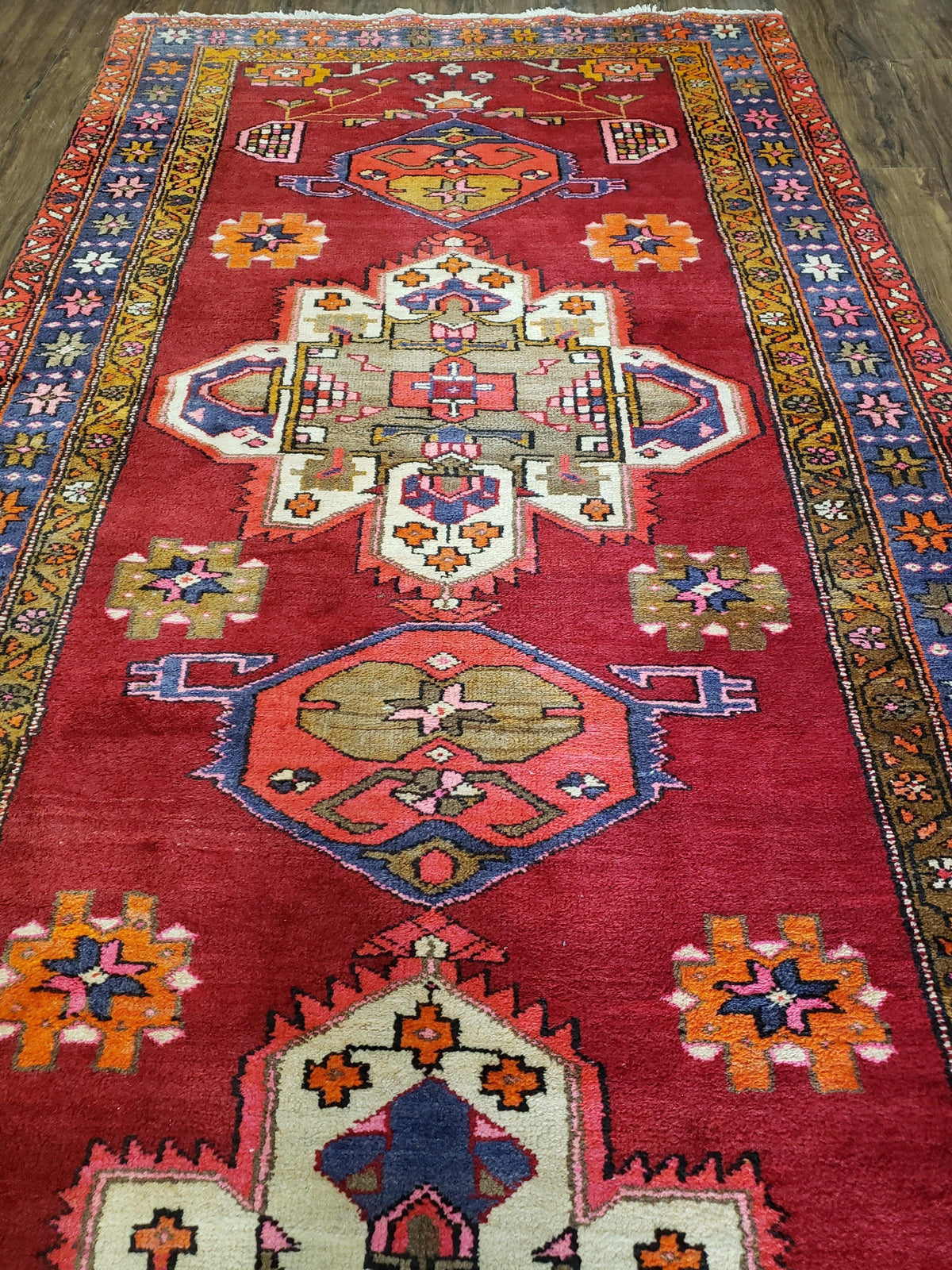 Antique Persian Karajeh Runner Rug 4.4 x 11 ft, Red Colorful Geometric Medallion Runner - Jewel Rugs, view 5