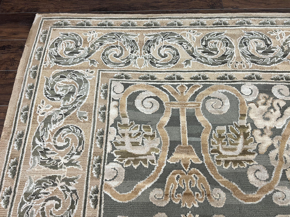 Spanish Rug 11x14, Wool Hand Knotted Vintage Carpet, Olive Green and Beige, Floral Allover, European Design, 11 x 14 Rug - Jewel Rugs, view 7