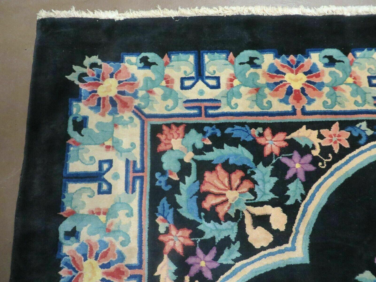 Black Chinese Wool Rug 8x10, Art Deco Floral Carpet, Soft Plush Pile - Jewel Rugs, view 6