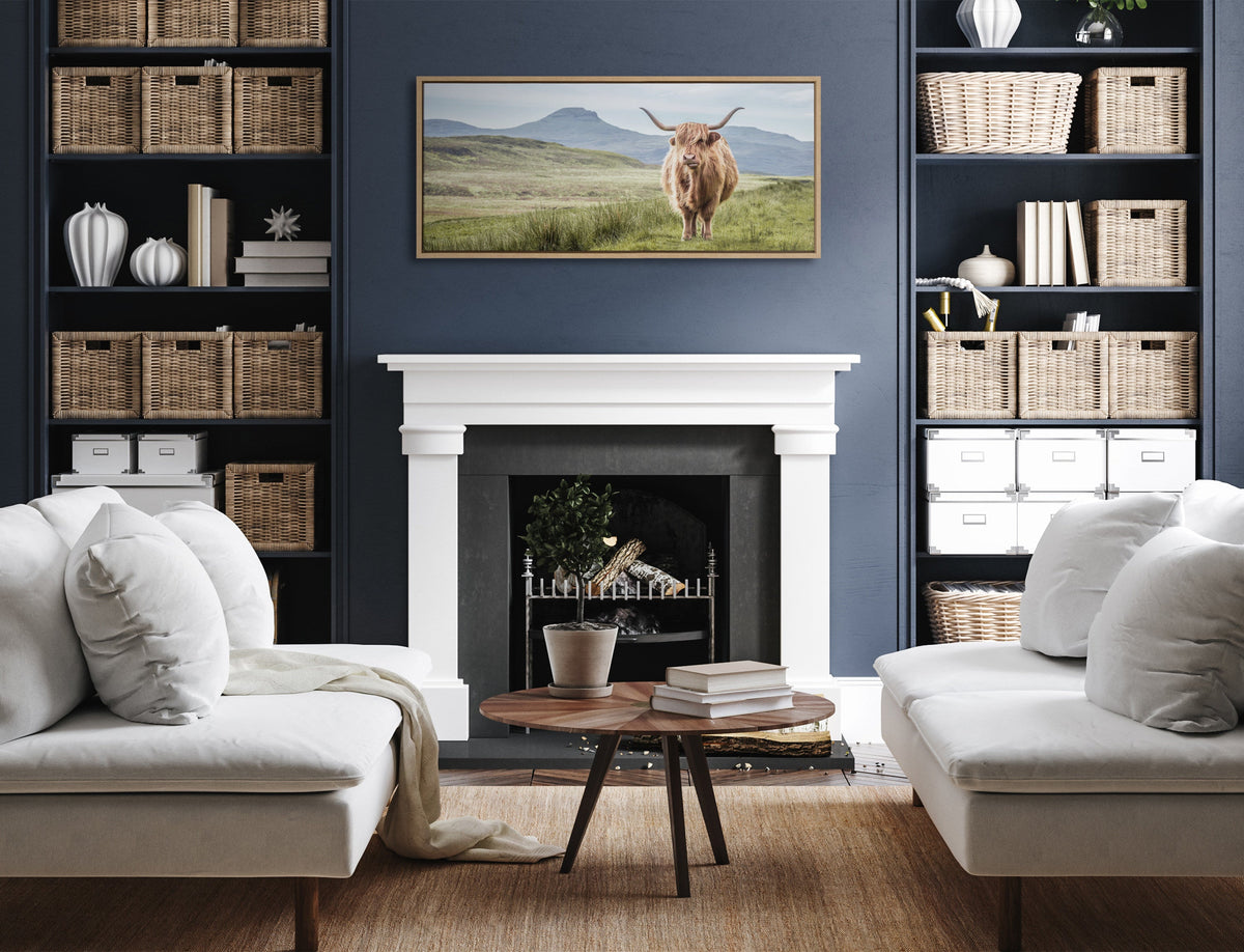 Sylvie Highland Cow Mountain Landscape Framed Canvas by The Creative Bunch Studio