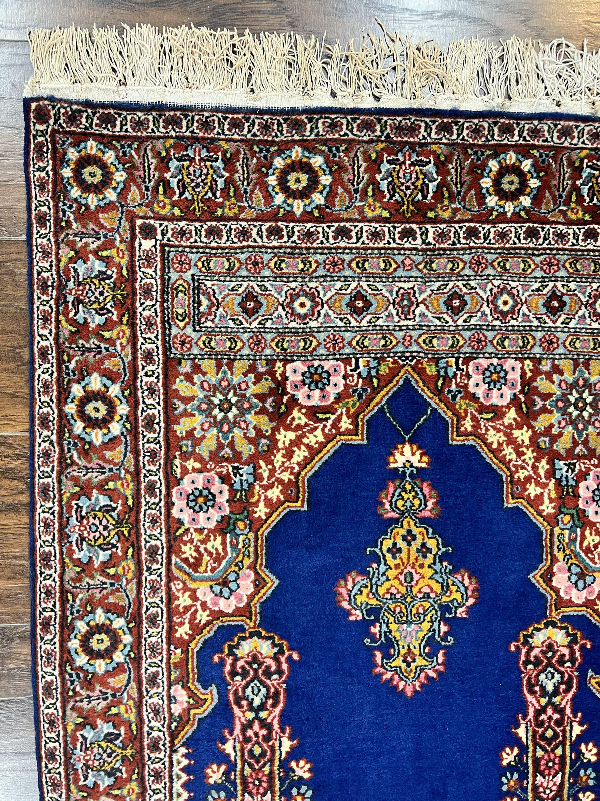 Indo Persian Prayer Rug 3x5, Fine Oriental Carpet, Dark Blue and Red, Vintage Hand Knotted Handmade Prayer Rug - Jewel Rugs, view 6