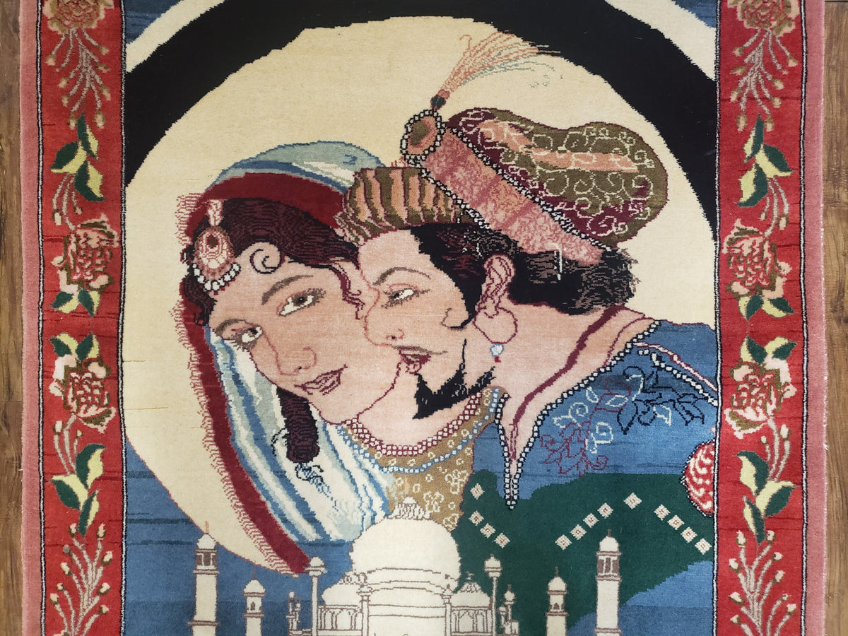 Vintage Small Pictorial Lovers Rug 2.5 x 4, Taj Mahal Indo Persian Rug, Wool Hand-Knotted Indian Rug, King & Queen, Layla and Majnun - Jewel Rugs, view 5