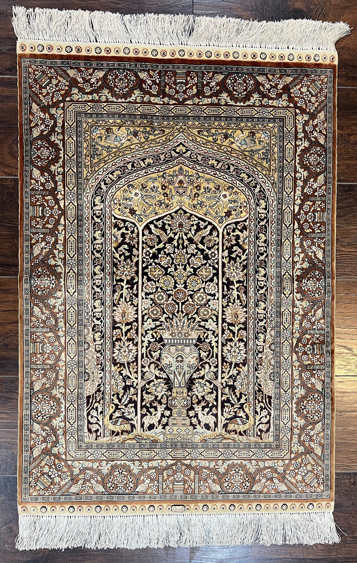 Turkish Silk Hereke Rug 2x3, Floral Vase Tree of Life Birds, Silk Pile on Silk Foundation, Vintage Oriental Carpet, Very Fine, Signature - Jewel Rugs, view 13