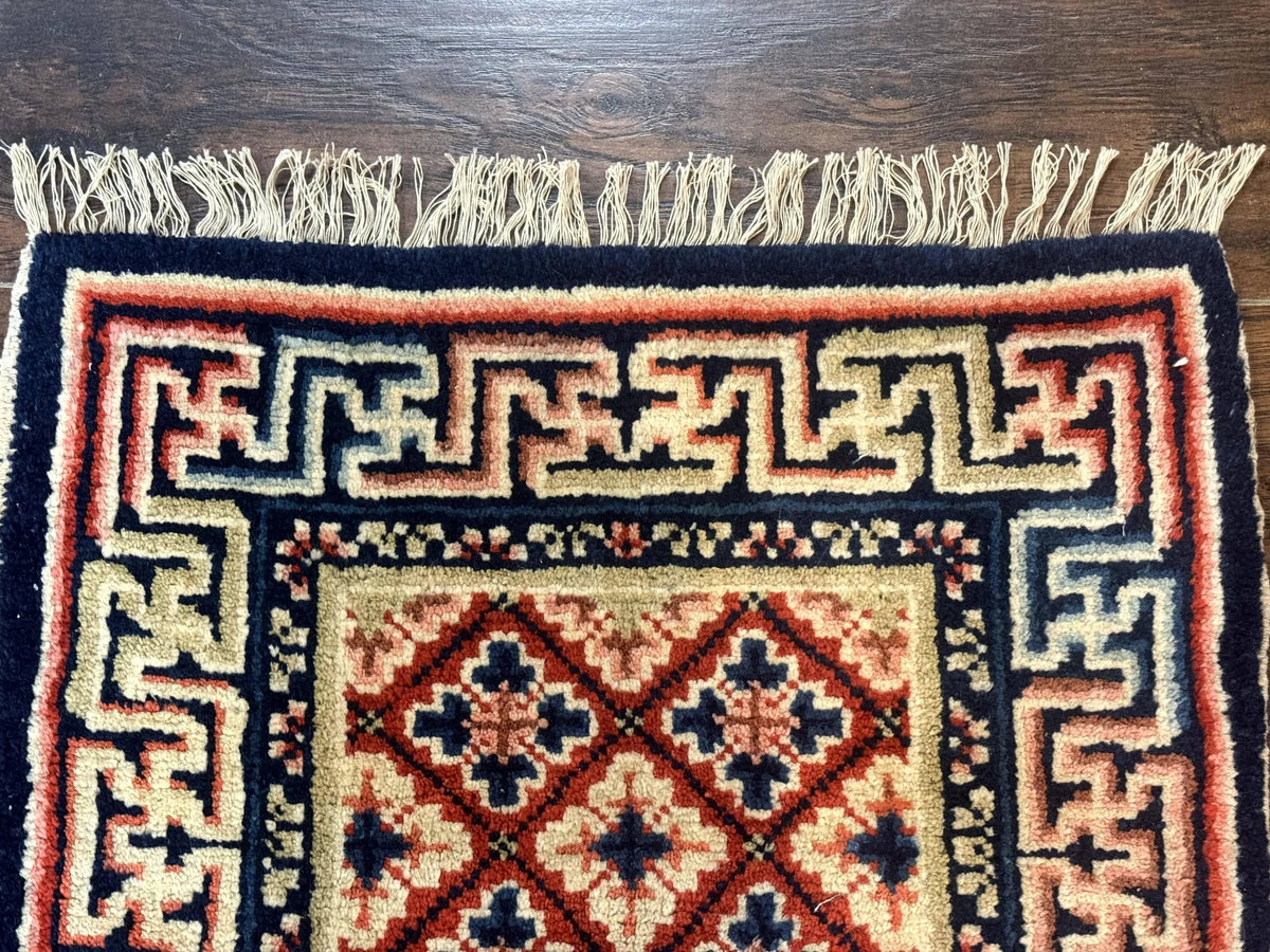 Small Antique Chinese Rug 2x2, Red Blue Square Rug Mat, Handmade, Tibetan Rug - Jewel Rugs, view 4