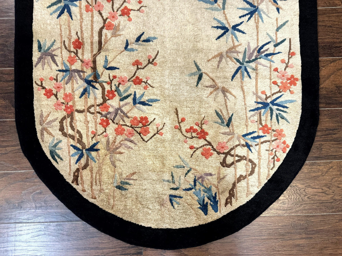 Antique Chinese Oval Rug 3.9 x 6.7, Floral, Butterflies, Chinese Wool Art Deco Peking Carpet, Beige, Handmade - Jewel Rugs, view 6