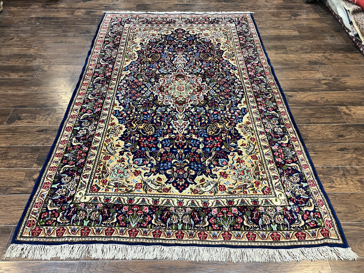 Persian Kirman Rug 6x9, Floral Medallion Vintage Wool Handmade Carpet 6 x 9, Animal Pictorials Birds, Semi Antique, Navy Blue, Millefleur - Jewel Rugs