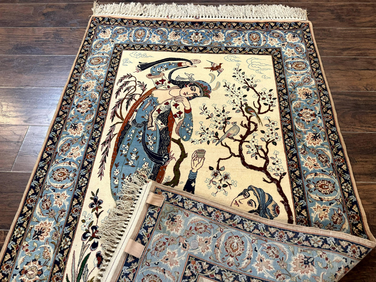 Persian Isfahan Pictorial Rug, Two Lovers, Kork Wool on Silk Foundation, Ivory and Light Blue, 500 KPSI Super Fine - Jewel Rugs, view 12