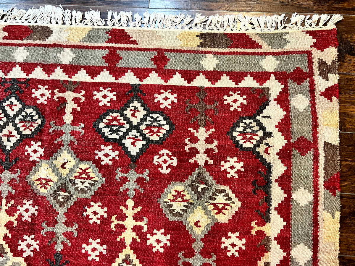 Indian Kilim Rug 6x6, Square Kilim Flatweave Carpet, Vintage Handmade Wool Rug, Red - Jewel Rugs, view 8