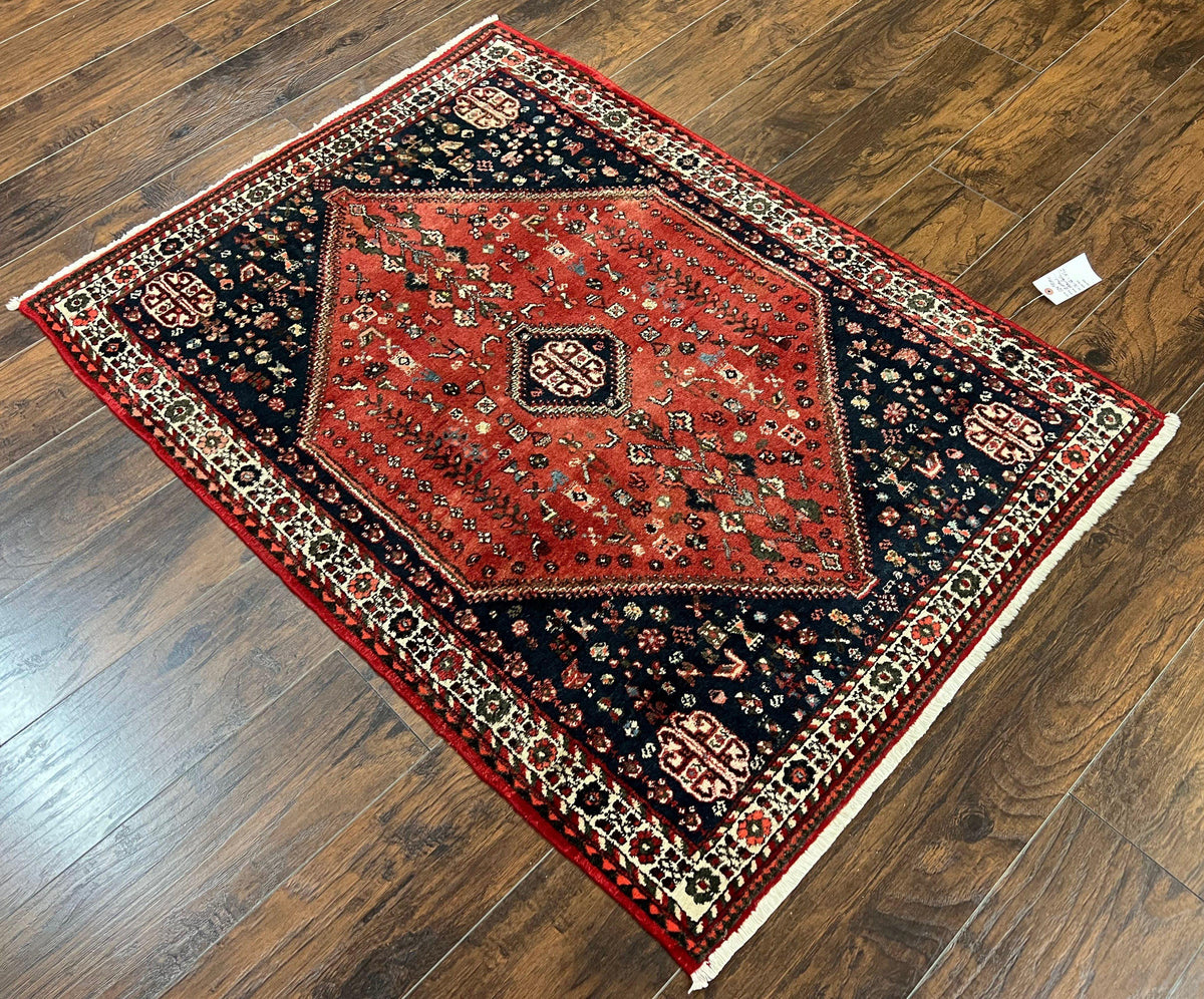 Persian Tribal Rug 3.6 x 5 ft, Persian Abadeh Rug, Geometric Medallion Bird Motifs, Red and Navy Blue Hand Knotted Handmade Wool Vintage Oriental Carpet - Jewel Rugs, view 4