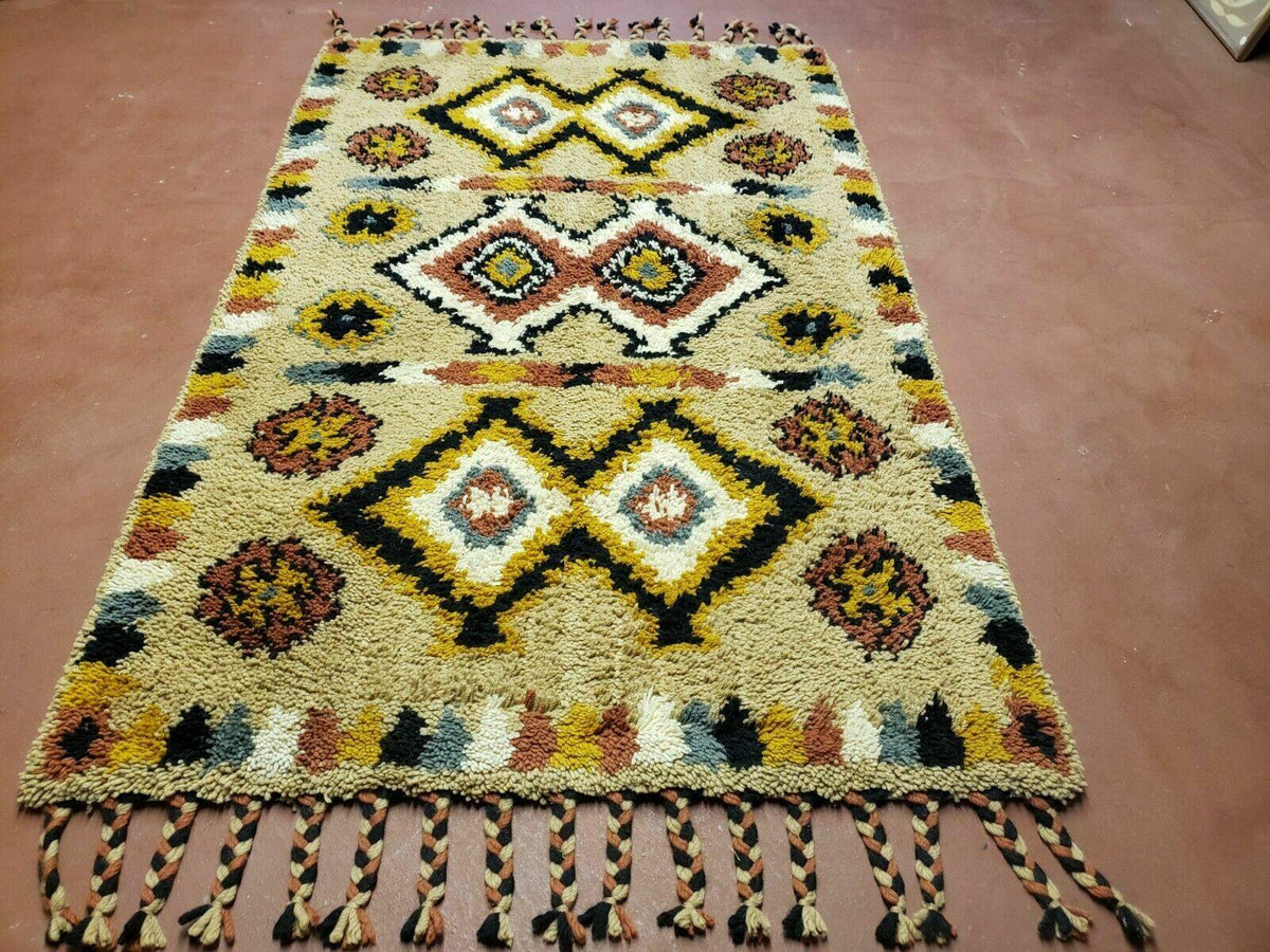 Portuguese Rya Style Shag Rug Moroccan Design, 4x6 Vintage Colorful Geometric Rug, Handmade Wool Gold Tan, Soft Pile Rug - Jewel Rugs, view 2