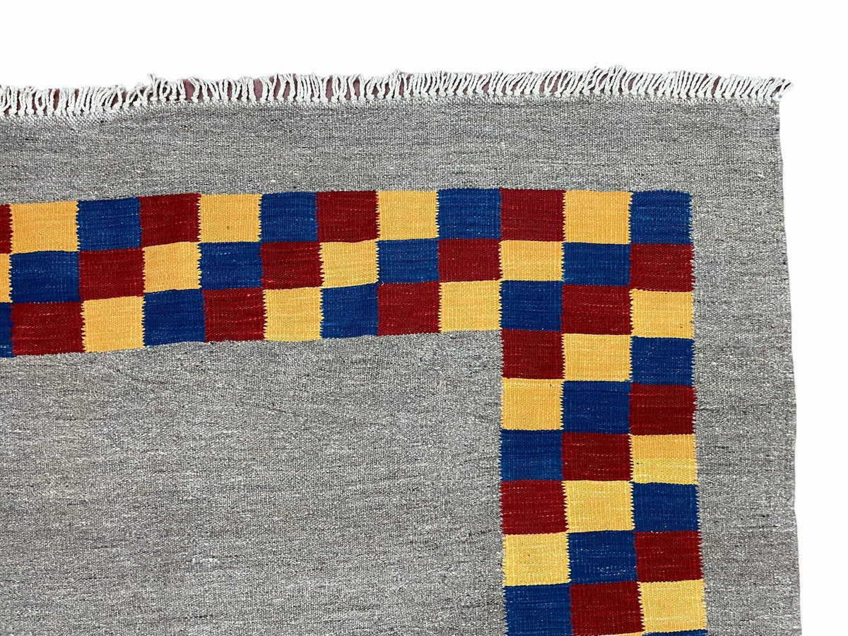 Gray Kilim Carpet, Yellow, Red, Blue Checkerboard Pattern, Flatweave, New, Geometric, Hand-Knotted, Wool, Turkish Area Rug, 5' 9" x 7' 9" - Jewel Rugs, view 8