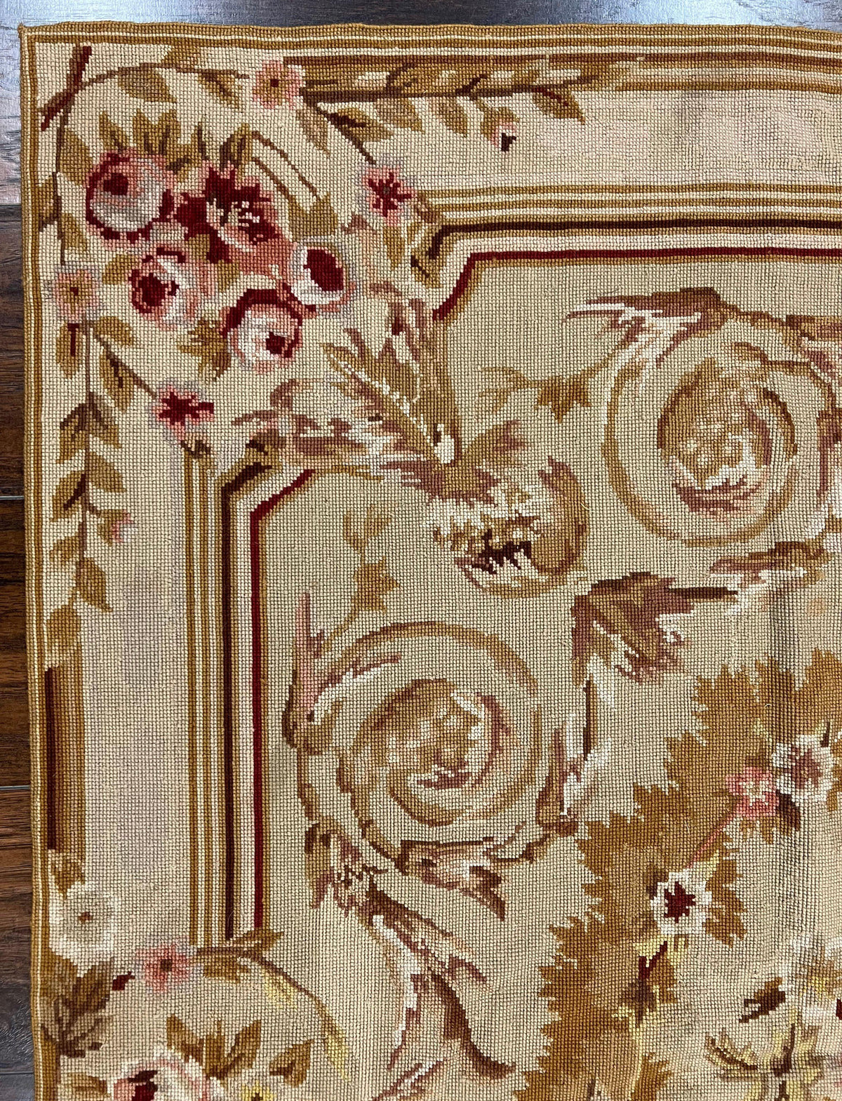 Aubusson Needlepoint Rug 4x5 ft, Beige and Tan, Aubusson Savonnerie Vintage Carpet, Handwoven Handmade Wool Rug, European Design Floral Rose - Jewel Rugs, view 7