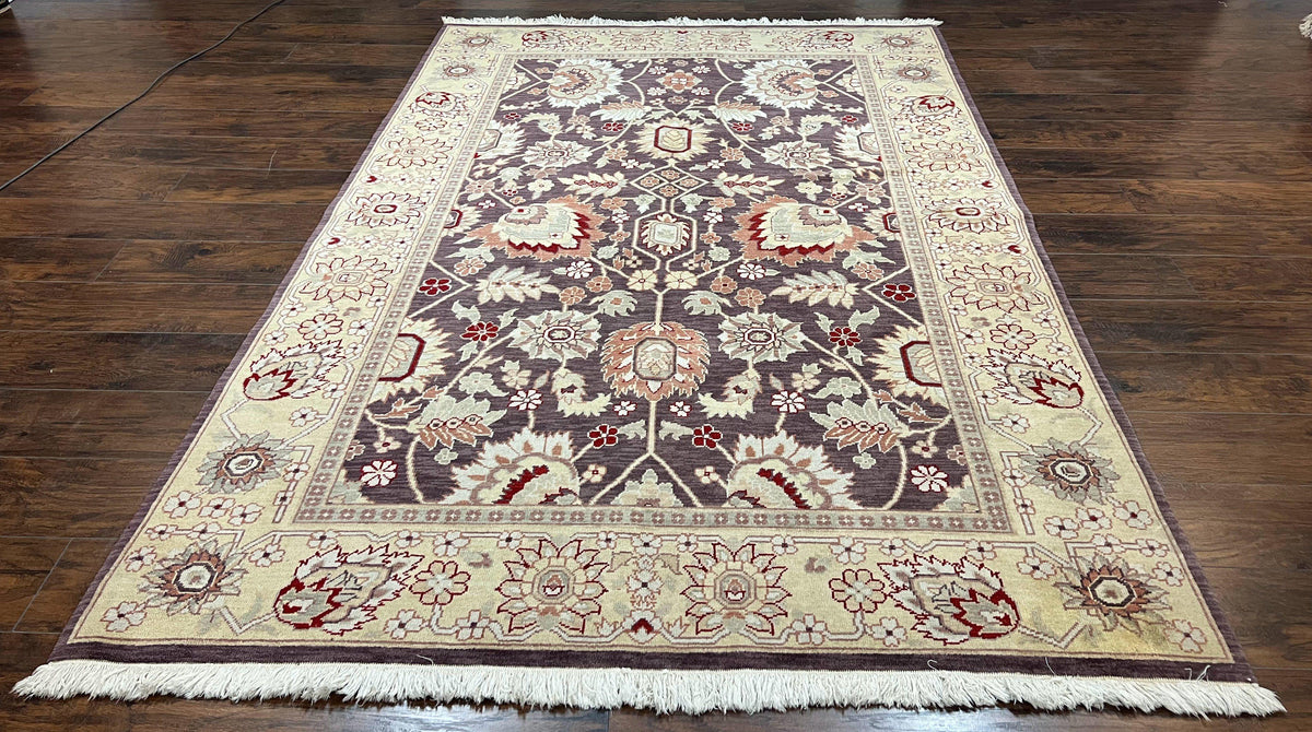 Vintage Indo Mahal Area Rug 6x9, Indian Persian Oriental Carpet 6 x 9, Puce Eggplant Tan Beige Rug, Hand-Knotted, Large Floral Design Wool - Jewel Rugs, view 2