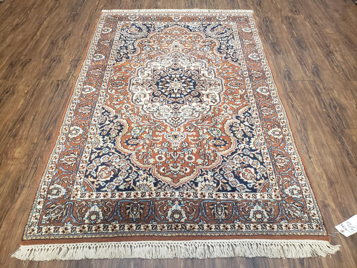 Antique Indian Kashmiri Area Rug 4x6, Wool Hand-Knotted Red & Ivory Floral Medallion Persian Carpet, Vintage Oriental Entryway Rug 4 x 6 - Jewel Rugs, view 2