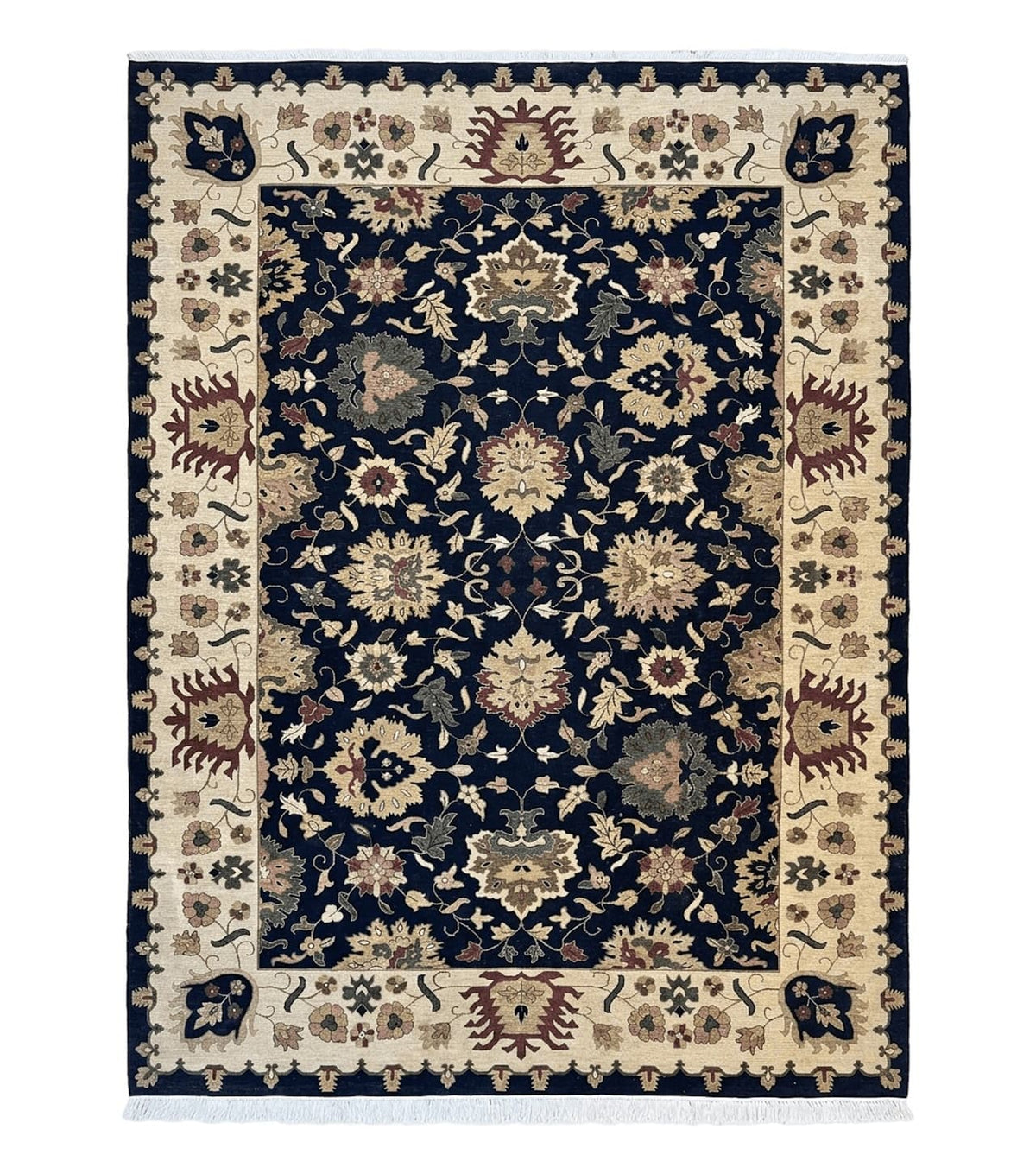 Indo Persian Rug 10x14, Wool Handmade Room Sized Floral Oriental Carpet, Indian Mahal Flatweave Rug, Black Beige - Jewel Rugs