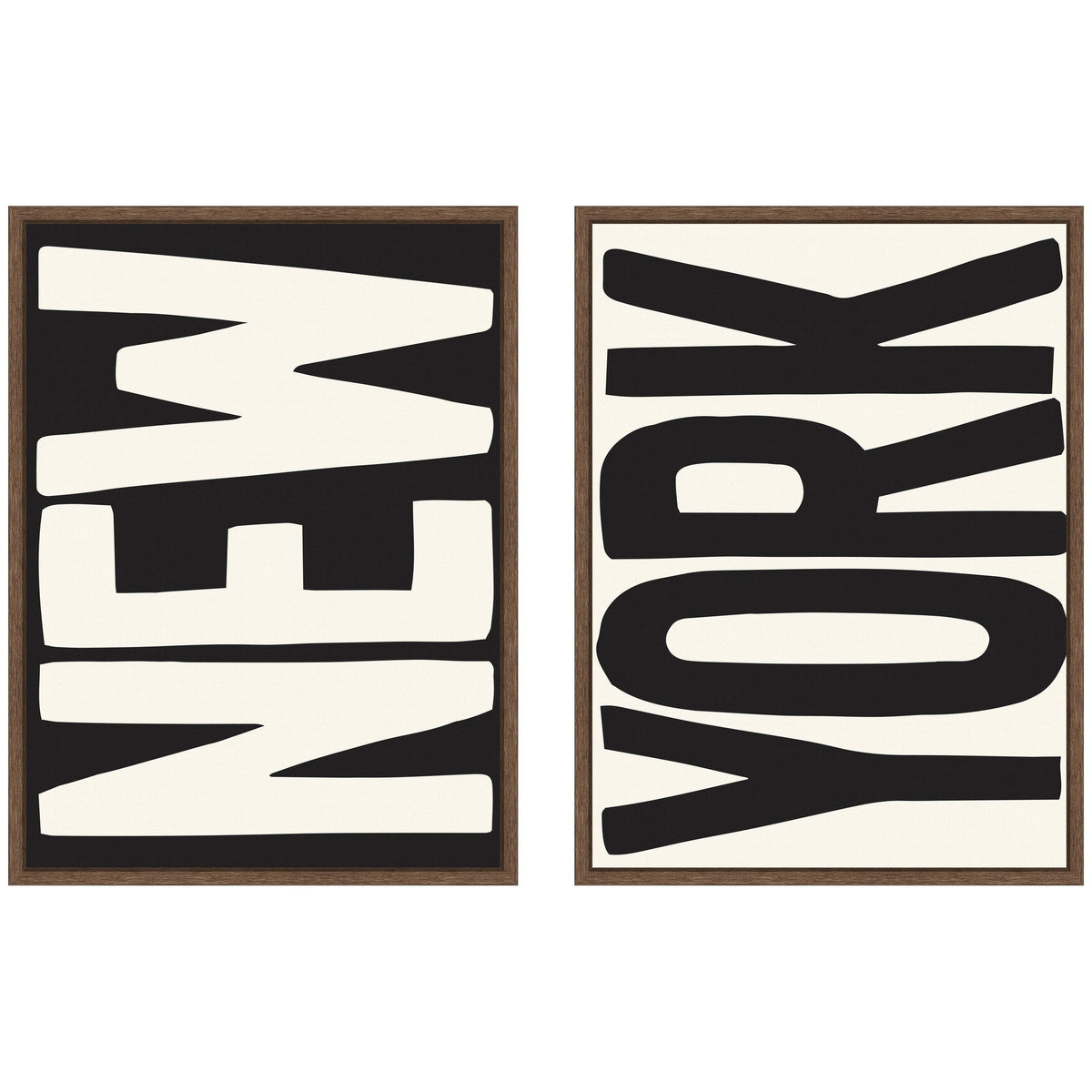 New York Set Print Travel City Typography Black and White 2 Piece Framed Canvas Wall Art Set by Lucky Guava