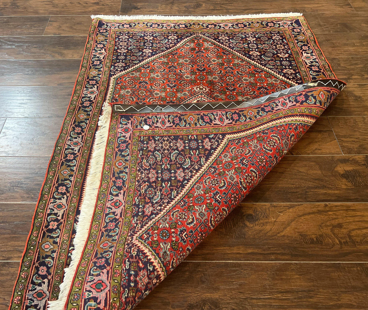 Persian Bidjar Rug 4x5, Finely Hand Knotted Vintage Carpet, Red and Navy Blue, Handmade Wool Rug, 180 KPSI - Jewel Rugs, view 12