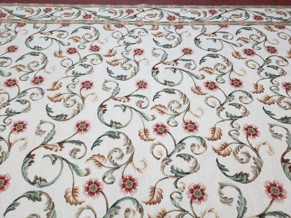 Needlepoint Rug 9x12, European Aubusson Design, Floral Allover Garden Pattern, New Needlepoint Area Rug, Ivory Rug, Hand Woven, Flatweave - Jewel Rugs, view 4