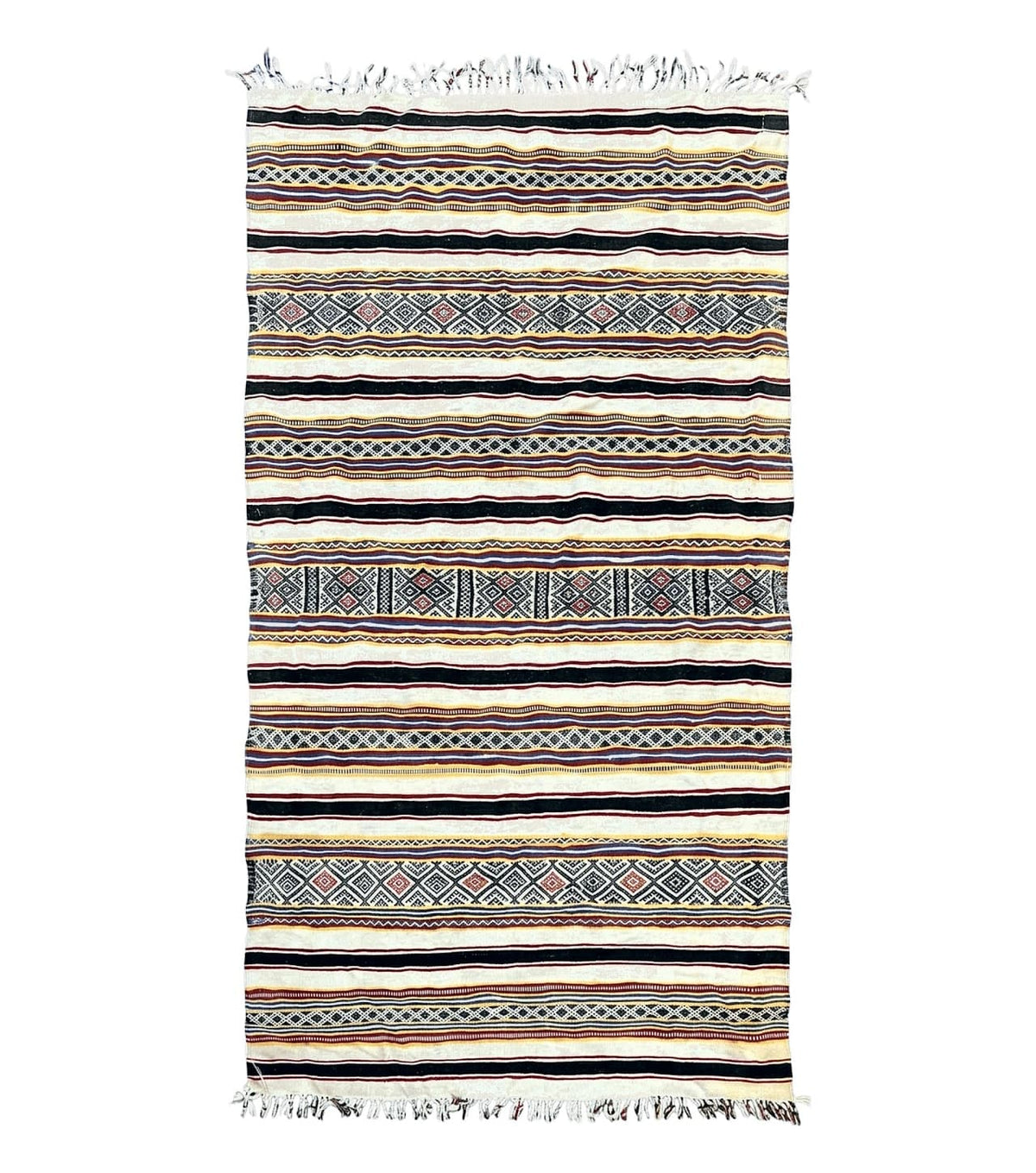 South American Kilim Rug 4x7 ft, Wool Handmade Vintage Carpet, Ivory Black Multicolor Stripes, Bohemian Blanket Rug, Flatweave Area Rug - Jewel Rugs