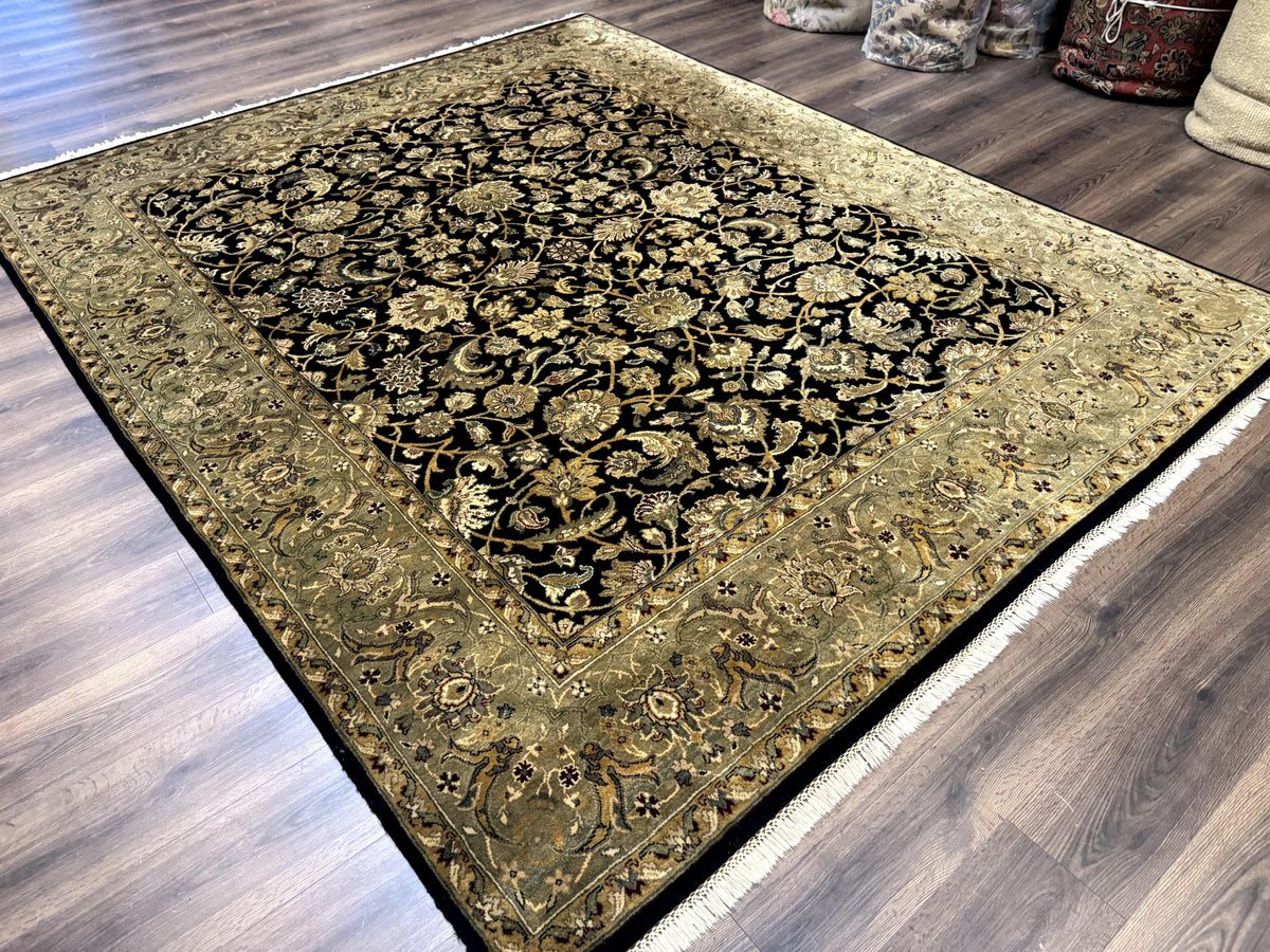 Indo Persian Rug 8x10, Black and Green, Wool, Handmade, Traditional, Floral Allover, Vintage - Jewel Rugs, view 13