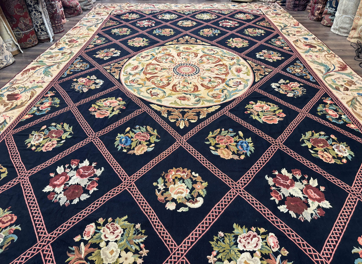 Palace Size Needlepoint Rug 12x20, European French English Aubusson Floral Design, Black and Beige - Jewel Rugs, view 11