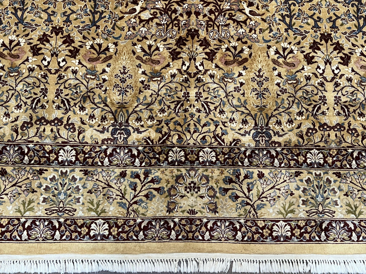 Pretty Indo Persian Rug 6x9, Allover Floral Motif with Birds, Tan/Cream, Very Fine Oriental Carpet, Hand Knotted Vintage Indian Wool Rug - Jewel Rugs, view 5